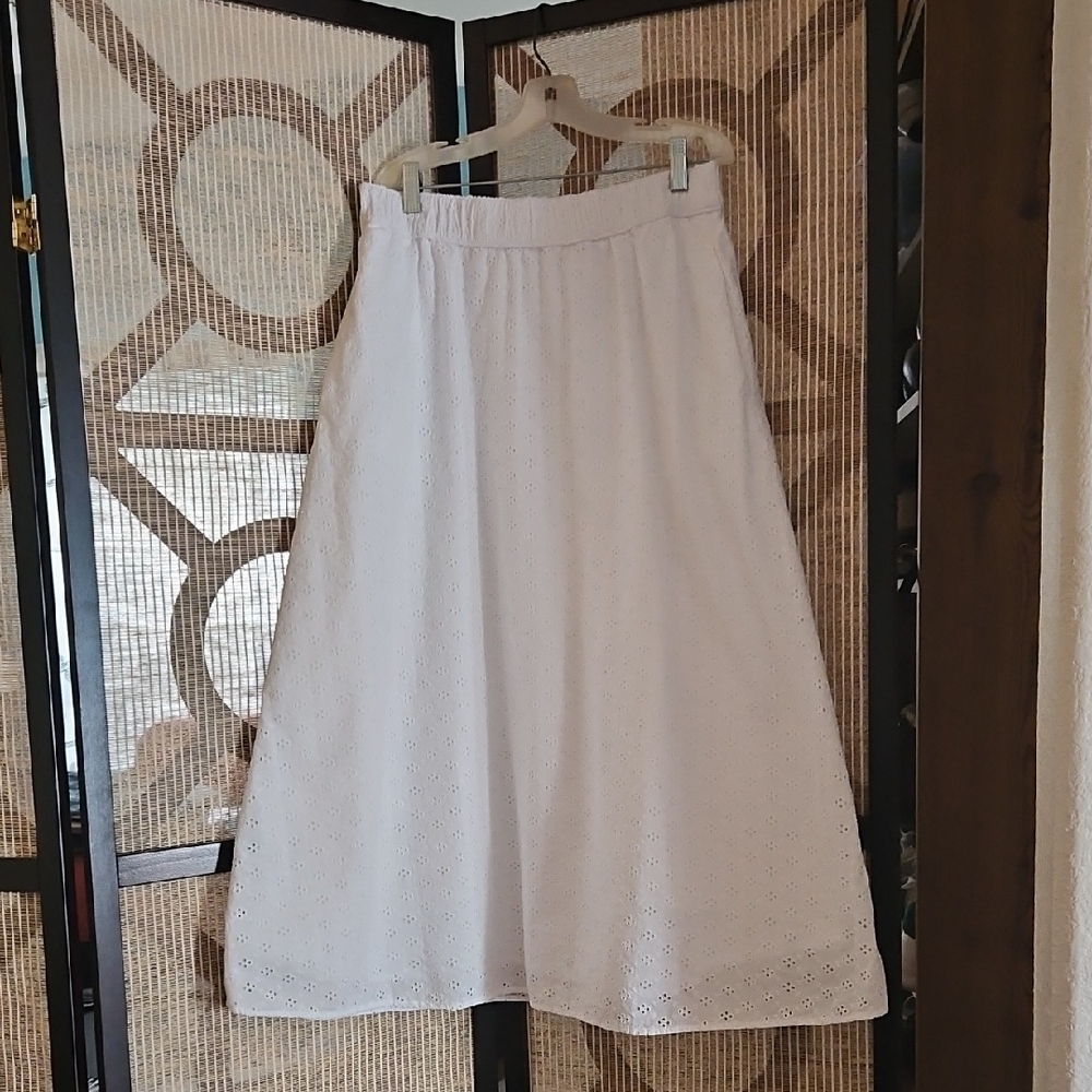 LOFT White Cotton Eyelet Midi Skirt